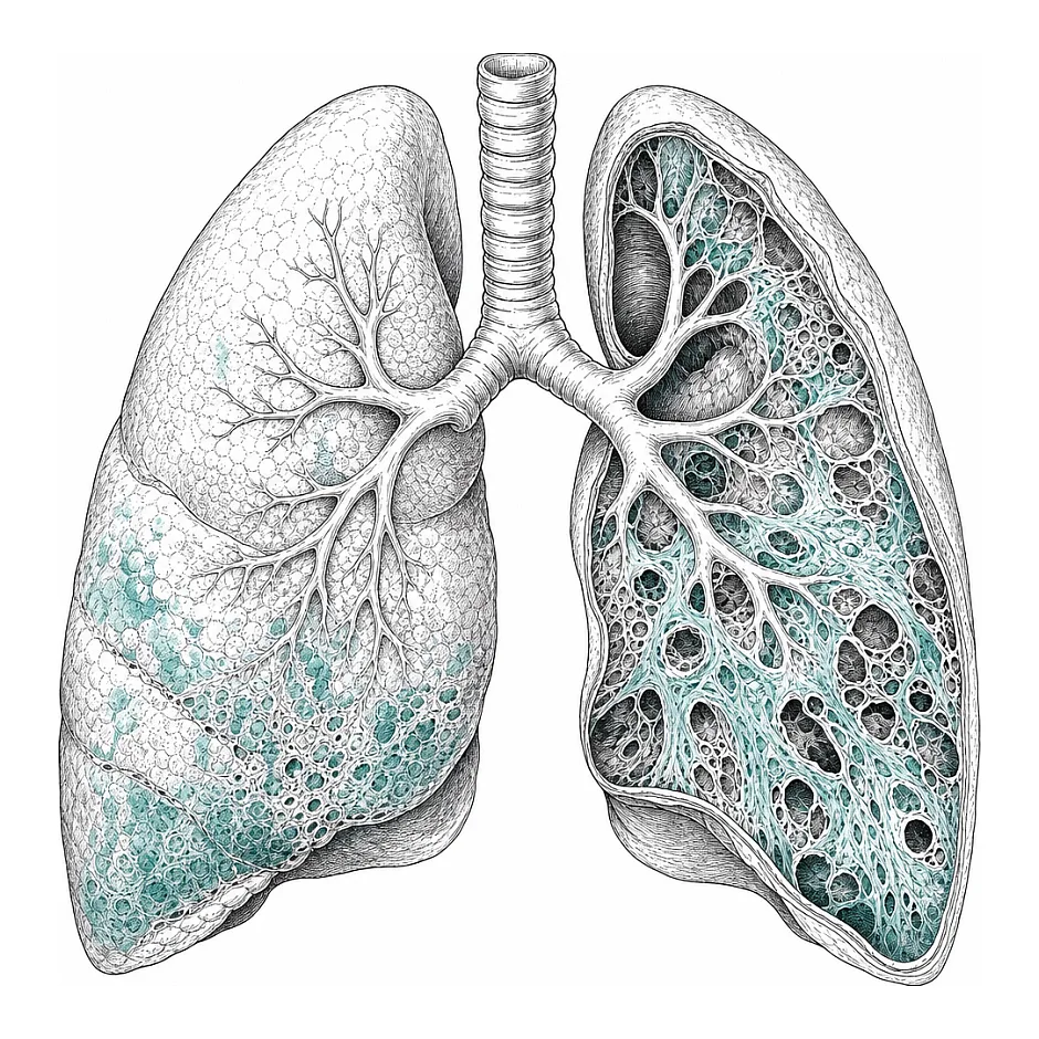 معنی عبارت Focal fibrotic changes in lungs parenchyma چیست؟